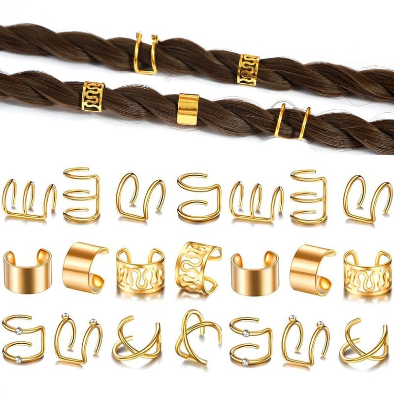 RUSTAMM 24 Pcs Gold Silver Hair Braids Dreadlock Non-Piercing Ear Clip Beard Beads Cuffs Clip Hair Accessories Styling Fashion Jewelry Gift Toos for Women Men - Image 1